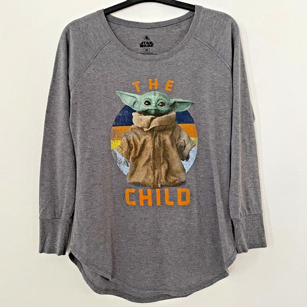 Disney Star Wars The Child Graphic Tee Women M Gray Grogu Long Sleeve|Used
